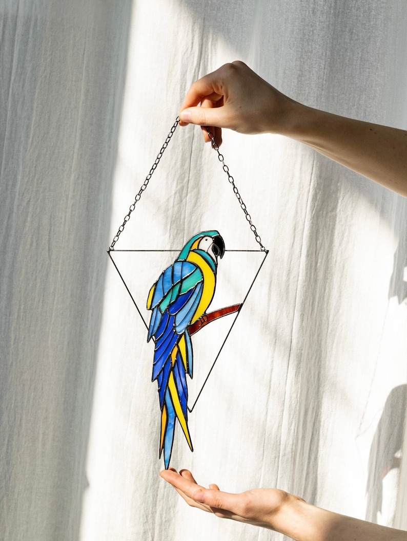 Mother's day gift, Blue Parrot Suncatcher Bird. Home House Pendant. Wall Window Hangings Stained glass Art Decor grandma gift