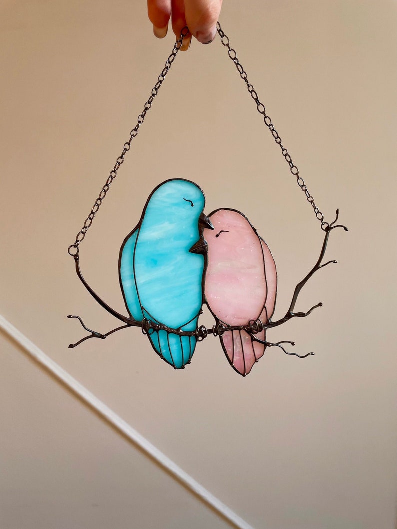 Decor Pink Blue Lover Bird Nature Ornament Spring Stained Glass House Suncatcher Home wall window Hangings Art Cling Pendant Valentines gift