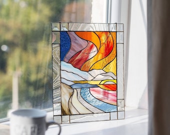 Picture Mountains Suncatcher Stain Glass Painting Film Home House Decor Panel Landscape Ornament Window Wall Hanging Cling. Christmas gift