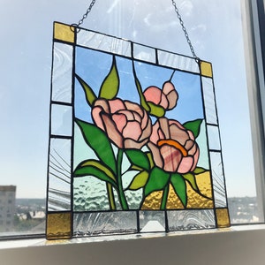 Peony Flower Suncatcher Pink Green Leaf. Stained glass Home Decor Panel Garden Window Wall Hangings Gift. Mother’s day gift