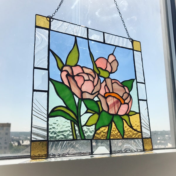 Peony Flower Suncatcher Pink Green Leaf. Stained glass Home Decor Panel Garden Window Wall Hangings Gift. Mother’s day gift