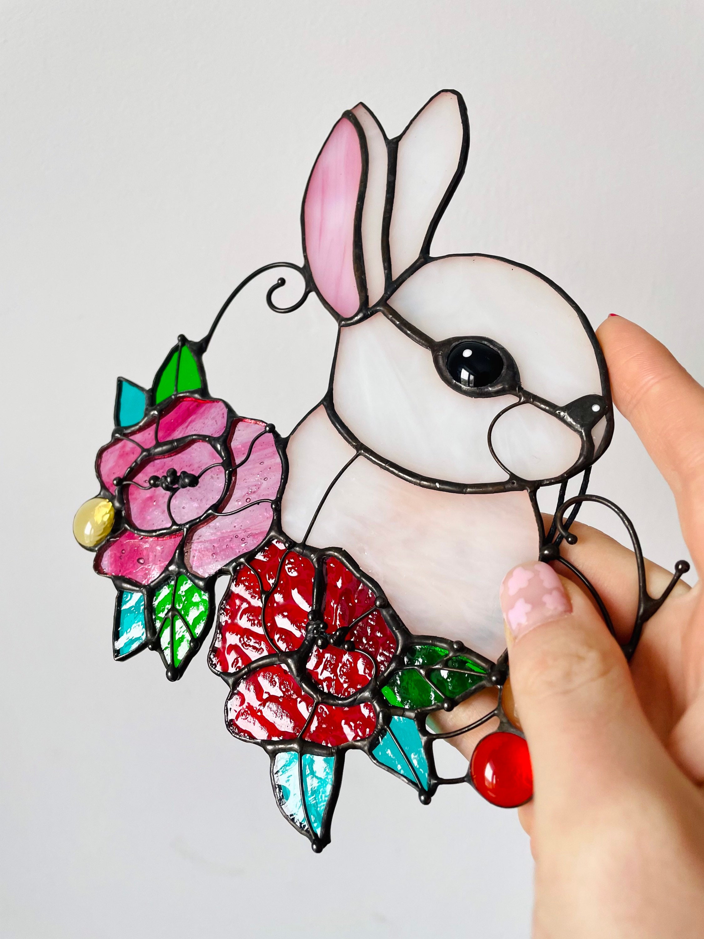 White rabbit decoration. Stained glass bunny. Spring ornament Etsy