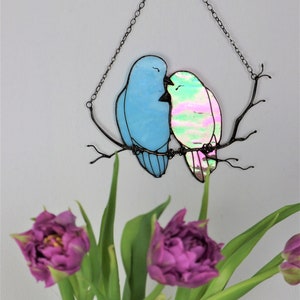Decor Pink Blue Lover Bird Nature Ornament Spring Stained Glass House Suncatcher Home wall window Hangings Art Cling Pendant Valentines gift