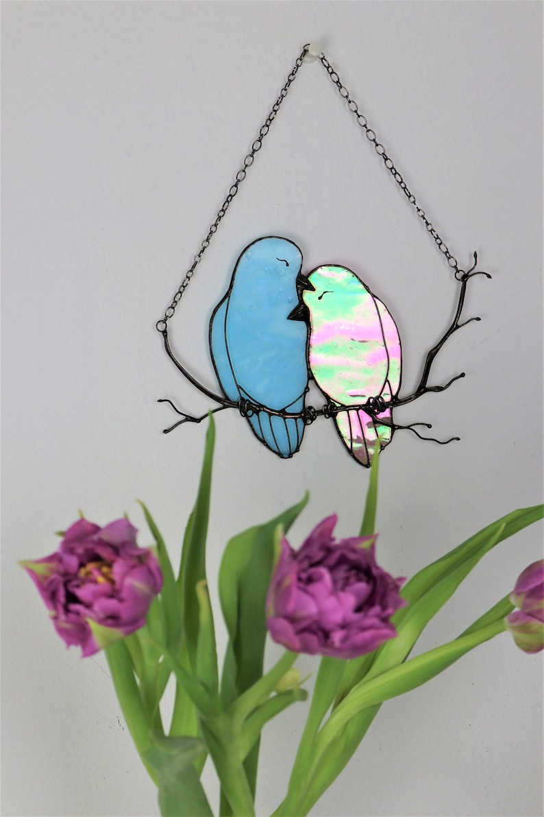 Decor Pink Blue Lover Bird Nature Ornament Spring Stained Glass House Suncatcher Home wall window Hangings Art Cling Pendant Valentines gift