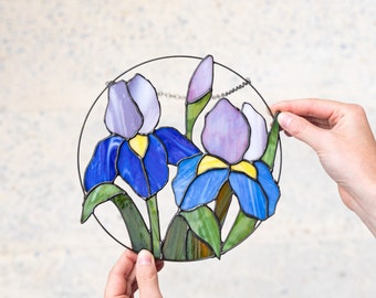 Blue Purple Irises Flower Suncatcher. Stained glass Home Decor Floral Pendant Garden Window Wall Teacher Hangings. Mother’s day gift