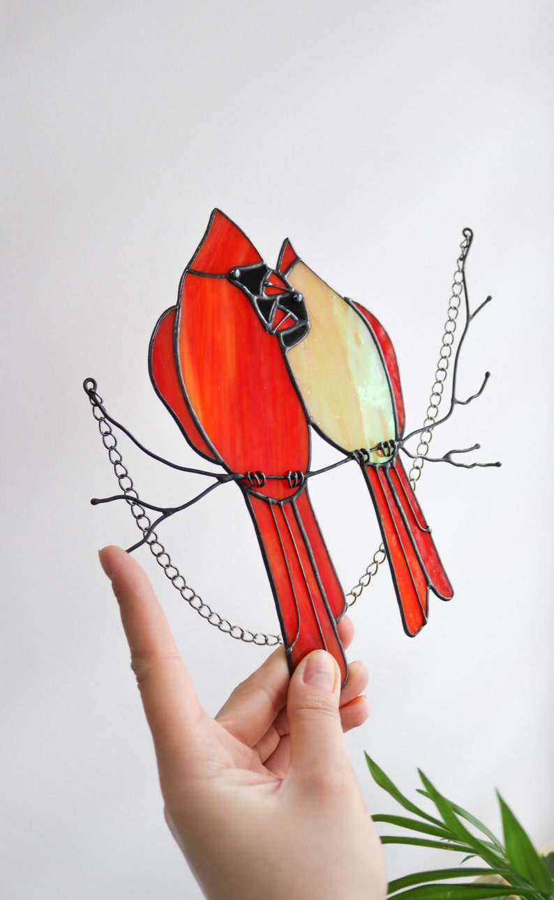 Stained glass Red Lover Bird Cardinal Nature Ornament Spring House Decor Suncatcher Home wall window Hangings Art Valentines Pendant