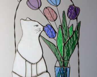 Suncatcher Cat Flowers Stained Glass Picture Home House Decor Spring Window Wall Hanging Light Cling Pendant Mothers day gift Sister grandma
