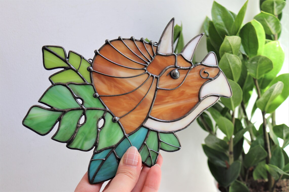 Suncatcher Dinosaur Triceratops Unicorn Stained glass Nature Etsy