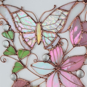 Pink Suncatcher Monarch Butterfly Flowers Stained Glass Picture Home House Decor Window Wall Hanging Light Cling Pendant Grandma gift