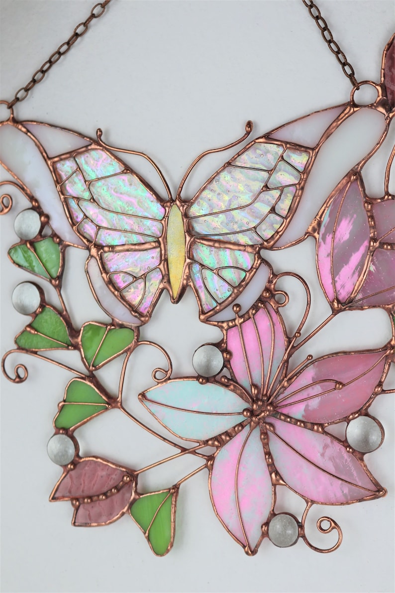 Pink Suncatcher Monarch Butterfly Flowers Stained Glass Picture Home House Decor Window Wall Hanging Light Cling Pendant Grandma gift