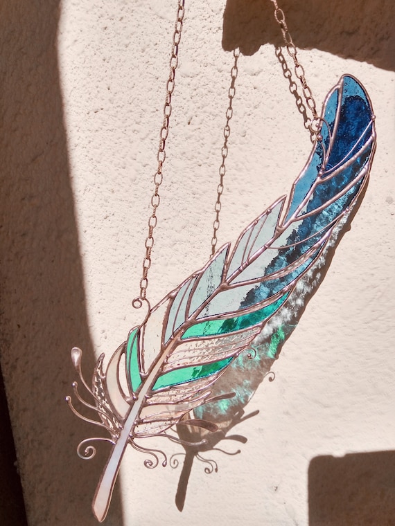 Cottage Core Decor Blue Wall Hangings Feather | Real Glass Colorful Suncatcher | New Home Decor Panel | Mother's Day Gift