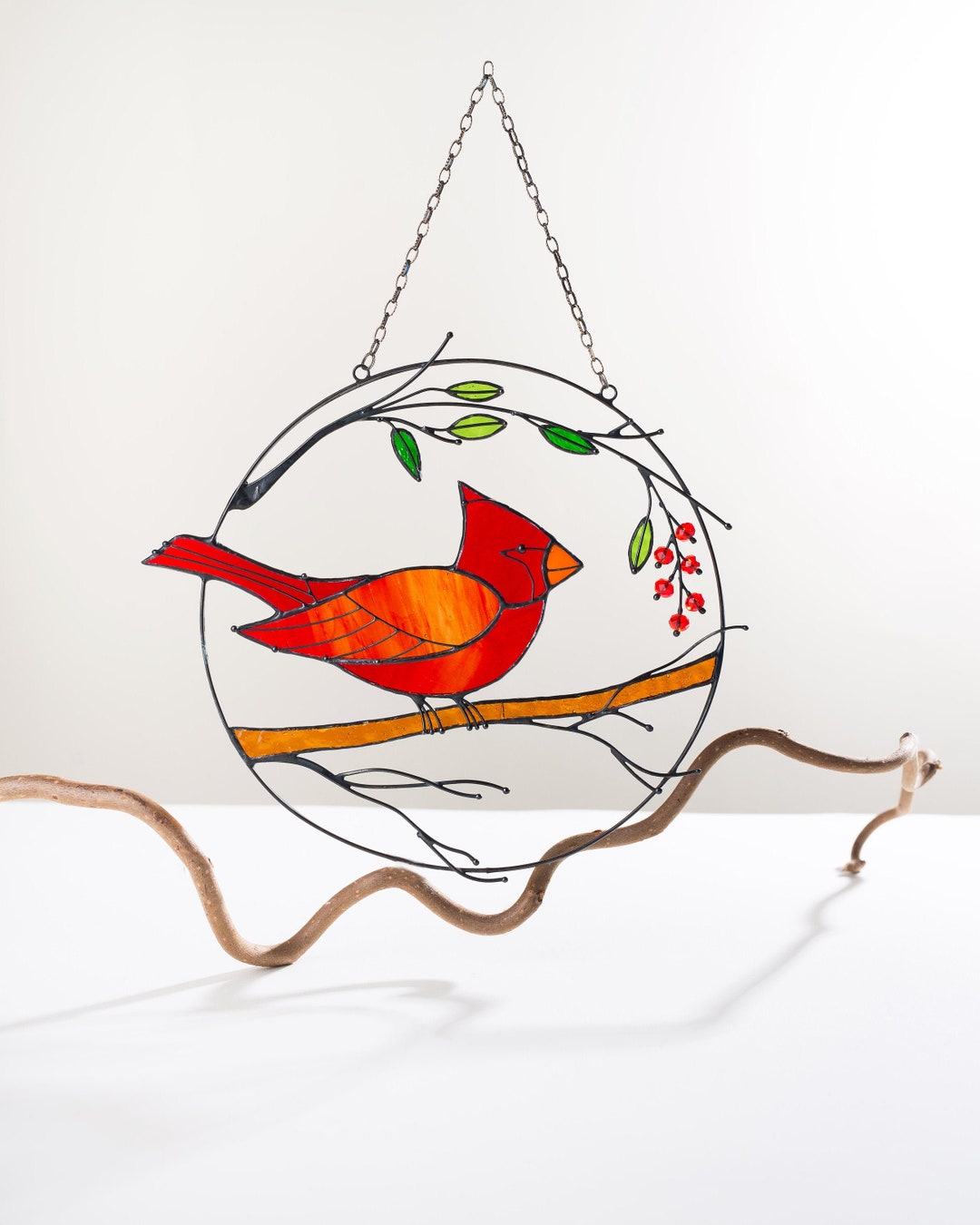 Marwey Cardinal Suncatcher, Cardinal Stained Glass Window Hanging, Red Birds Decor For Window, 6.3in Colorful Hand Painted Glass Hanging