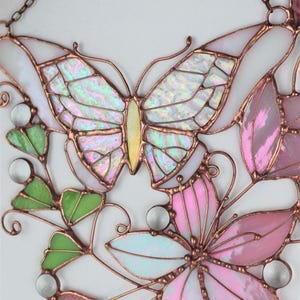 Pink Suncatcher Monarch Butterfly Flowers Stained Glass Picture Home House Decor Window Wall Hanging Light Cling Pendant Grandma gift
