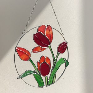 Red Flower Suncatcher Tulip. Stained glass Home Decor Panel Pendant Spring Decoration Window Wall Hangings, Mothers gift