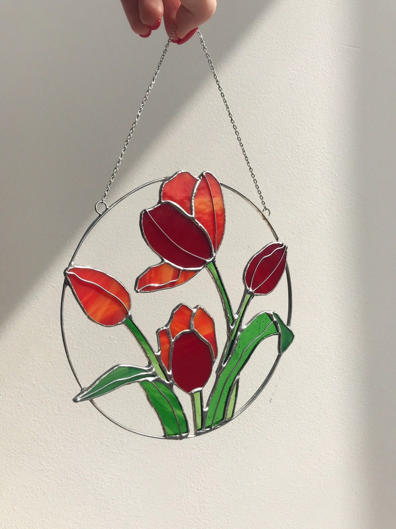 Red Flower Suncatcher Tulip. Stained glass Home Decor Panel Pendant Spring Decoration Window Wall Hangings, Mothers gift