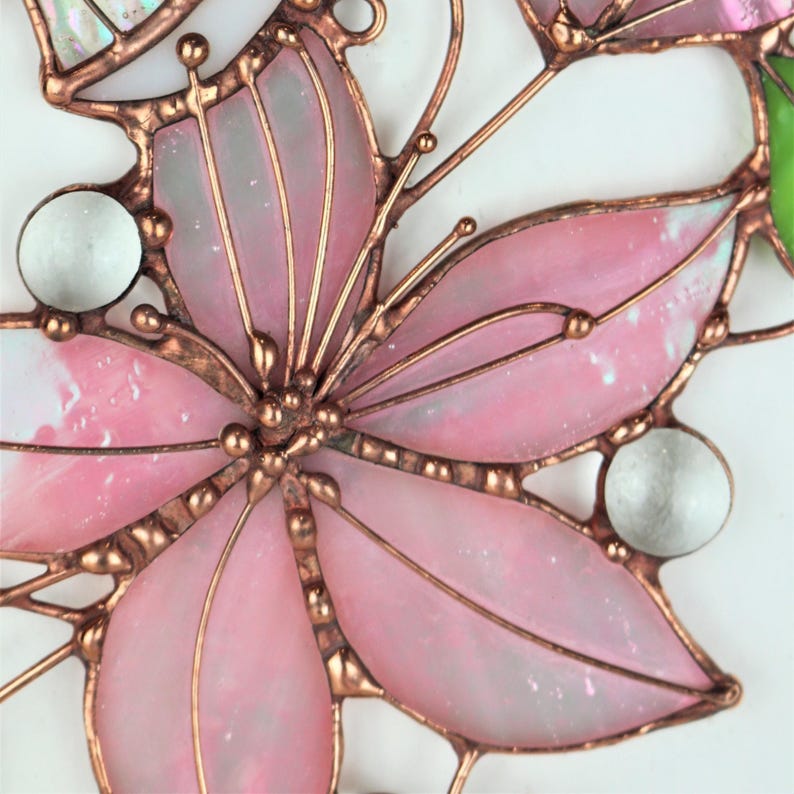 Pink Suncatcher Monarch Butterfly Flowers Stained Glass Picture Home House Decor Window Wall Hanging Light Cling Pendant Grandma gift