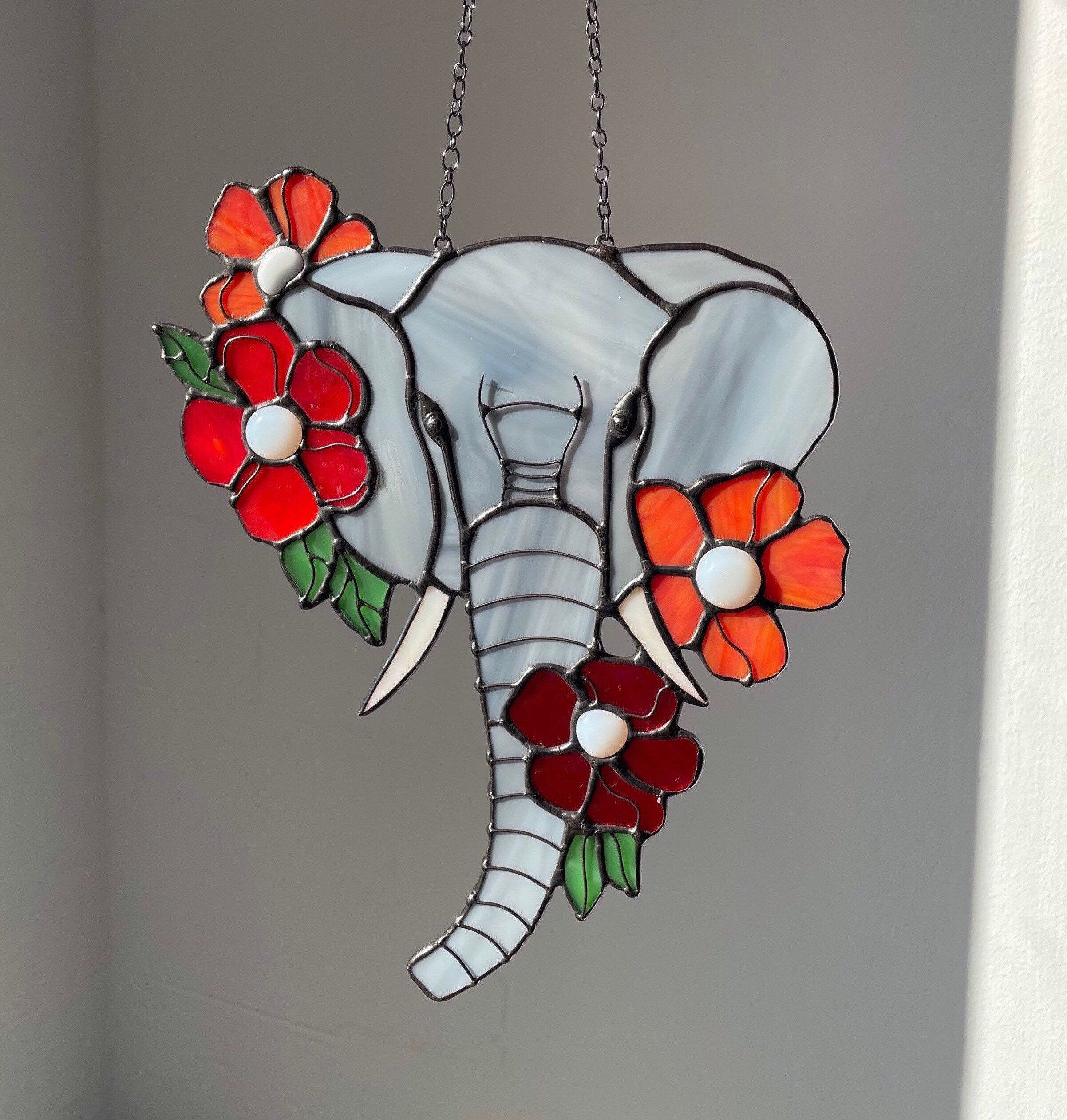 Suncatcher Elephant Sunflowers. Stained glass Nature Ornament Etsy