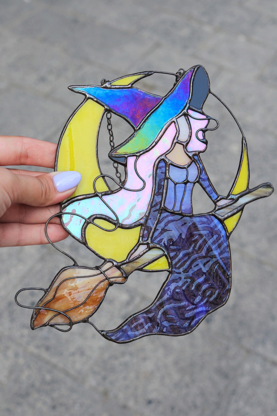 Gothic Suncatcher Witch on Broom Nighthag Stained Glass Etsy