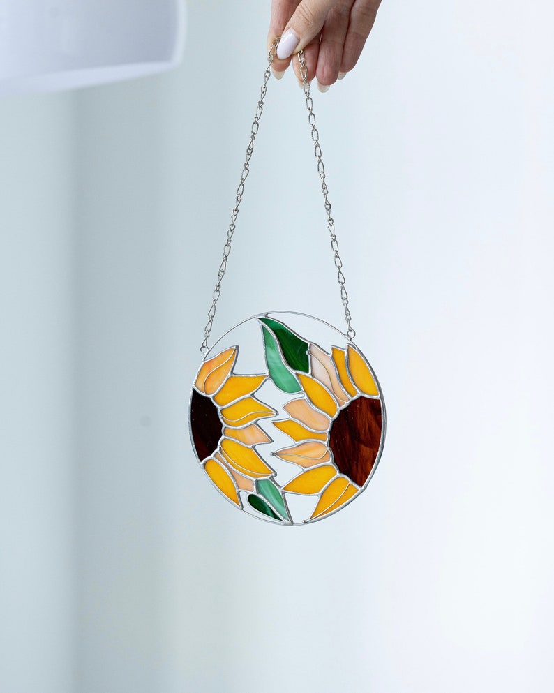 Sunflower Flower Suncatcher. Stained glass Home Decor Panel Pendant Garden Window Wall Hangings. Grandma Ukraine gift shops, Mothers gift image 1