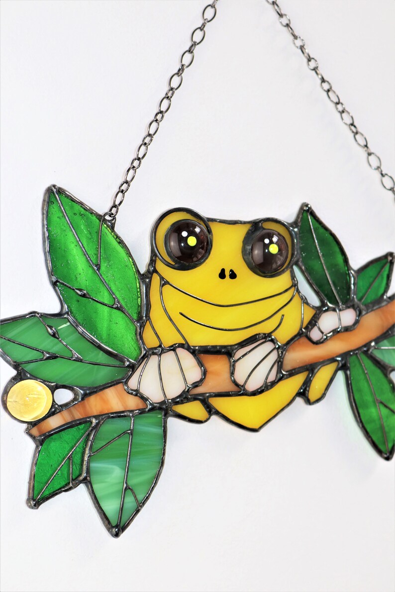 Suncatcher Frog. Yellow Nature Ornament Animal. Home House Pendant. Wall Window Hanging Stained Glass Art Decor. Housewarming gift
