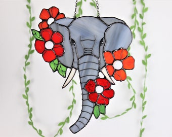 Elephant Suncatcher Home Decor - Wall Window Hanging Stained Glass Art - Mothers Day Gift