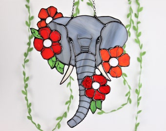 Suncatcher Elephant Gift. Nature Ornament Flower Animal. Home House Pendant. Wall Window Hanging Stain Glass Art Decor Gray Decoration