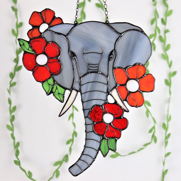 Suncatcher Elephant Gift. Nature Ornament Flower Animal. Home House Pendant. Wall Window Hanging Stain Glass Art Decor Gray Decoration