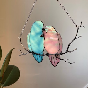 Decor Pink Blue Lover Bird Nature Ornament Spring Stained Glass House Suncatcher Home wall window Hangings Art Cling Pendant Valentines gift