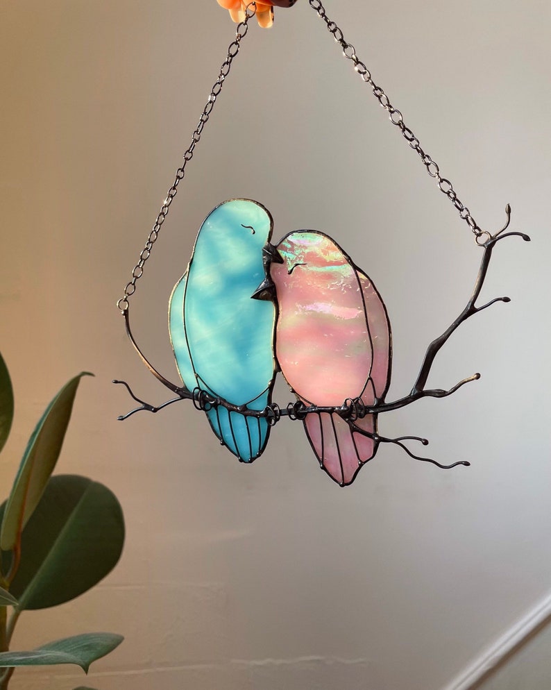 Decor Pink Blue Lover Bird Nature Ornament Spring Stained Glass House Suncatcher Home wall window Hangings Art Cling Pendant Valentines gift