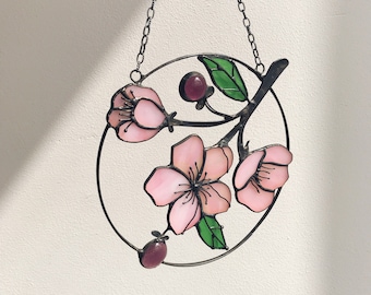 Sakura Flower Suncatcher. Stained glass Home Decor Panel Pendant Garden Window Wall Hangings. Mothers gift.