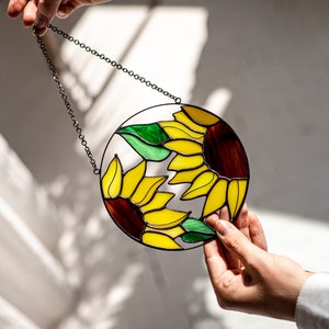 Sunflower Flower Suncatcher. Stained glass Home Decor Panel Pendant Garden Window Wall Hangings. Grandma Ukraine gift shops, Mothers gift