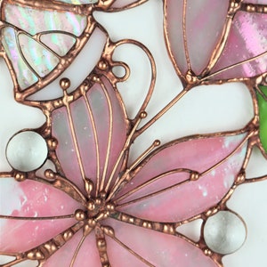 Pink Suncatcher Monarch Butterfly Flowers Stained Glass Picture Home House Decor Window Wall Hanging Light Cling Pendant Grandma gift