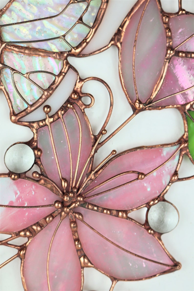 Pink Suncatcher Monarch Butterfly Flowers Stained Glass Picture Home House Decor Window Wall Hanging Light Cling Pendant Grandma gift