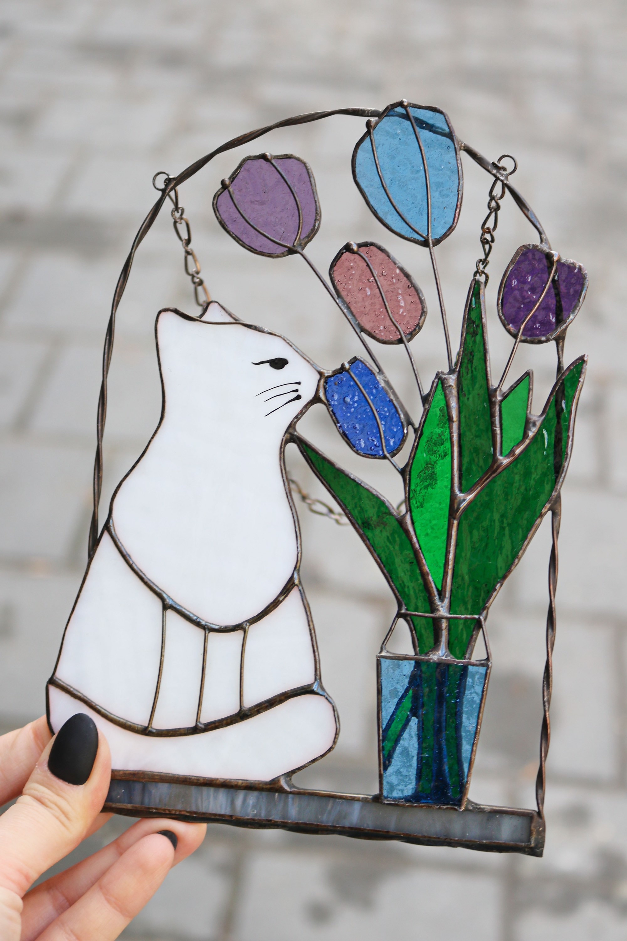 Suncatcher Cat Flowers Stained Glass Picture Home House Decor Spring ...