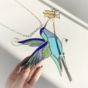 Blauer Kolibri Fleck Glas Vogel Suncatcher Haus Haus Dekor Natur Ornament Garten Fenster Wandbehang Tier Kunst Licht Cling