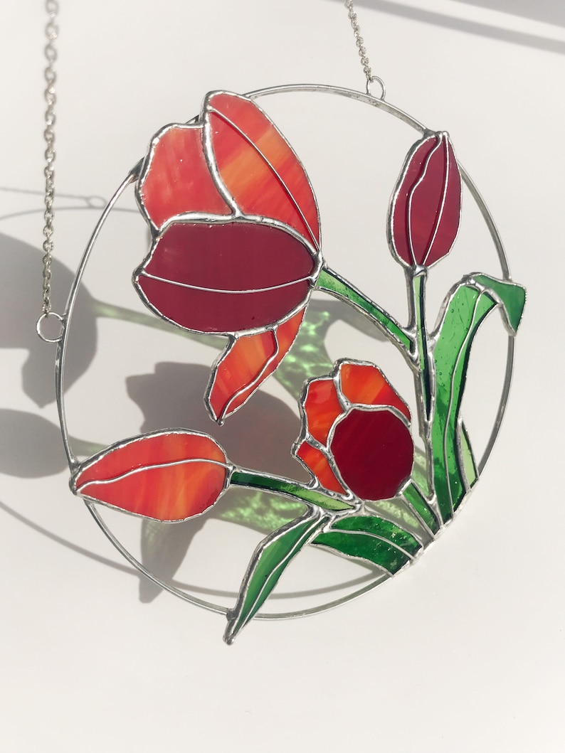 Red Flower Suncatcher Tulip. Stained glass Home Decor Panel Pendant Spring Decoration Window Wall Hangings, Mothers gift