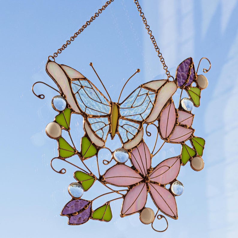 Stained Glass Butterfly Suncatcher – Pink Floral Window Hanging – Spring Garden Decor – Unique Gift for Mom