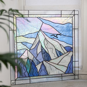 Blue Suncatcher Stain Glass Picture Mountain Home House Decor Big Panel Ornament Garden Window Wall Hanging