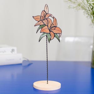 Iridescent Orange Lillies Stained Glass Flower on a Stem Home Garden Decor, Perfect Housewarming Gift Idea, Windowsill Floral Decoration