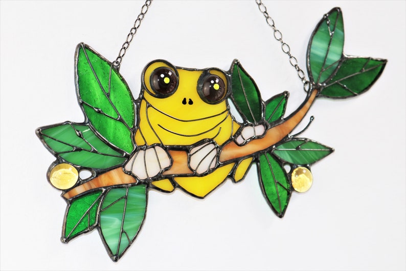 Suncatcher Frog. Yellow Nature Ornament Animal. Home House Pendant. Wall Window Hanging Stained Glass Art Decor. Housewarming gift