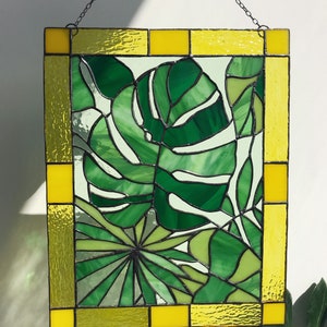 Monstera Leaf Panel Green Plant Suncatcher Stain Glass Picture Home House Decor Nature Ornament Spring Window Wall Hanging Cling