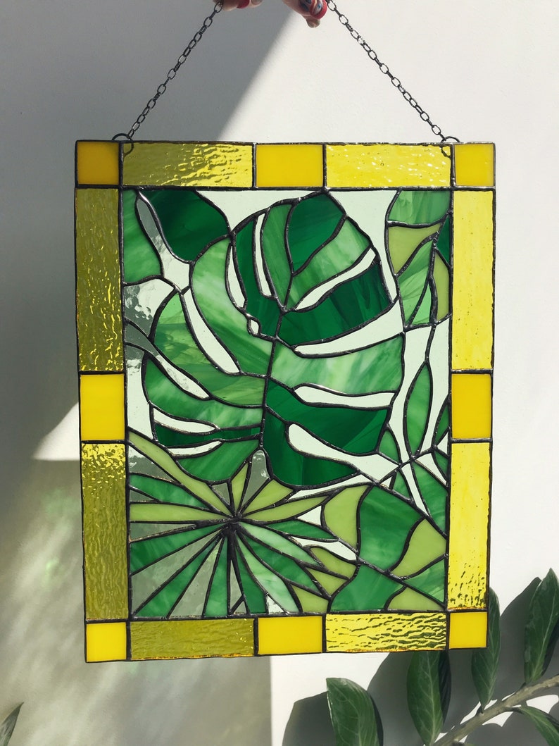 Monstera Leaf Panel Green Plant Suncatcher Stain Glass Picture Home House Decor Nature Ornament Spring Window Wall Hanging Cling