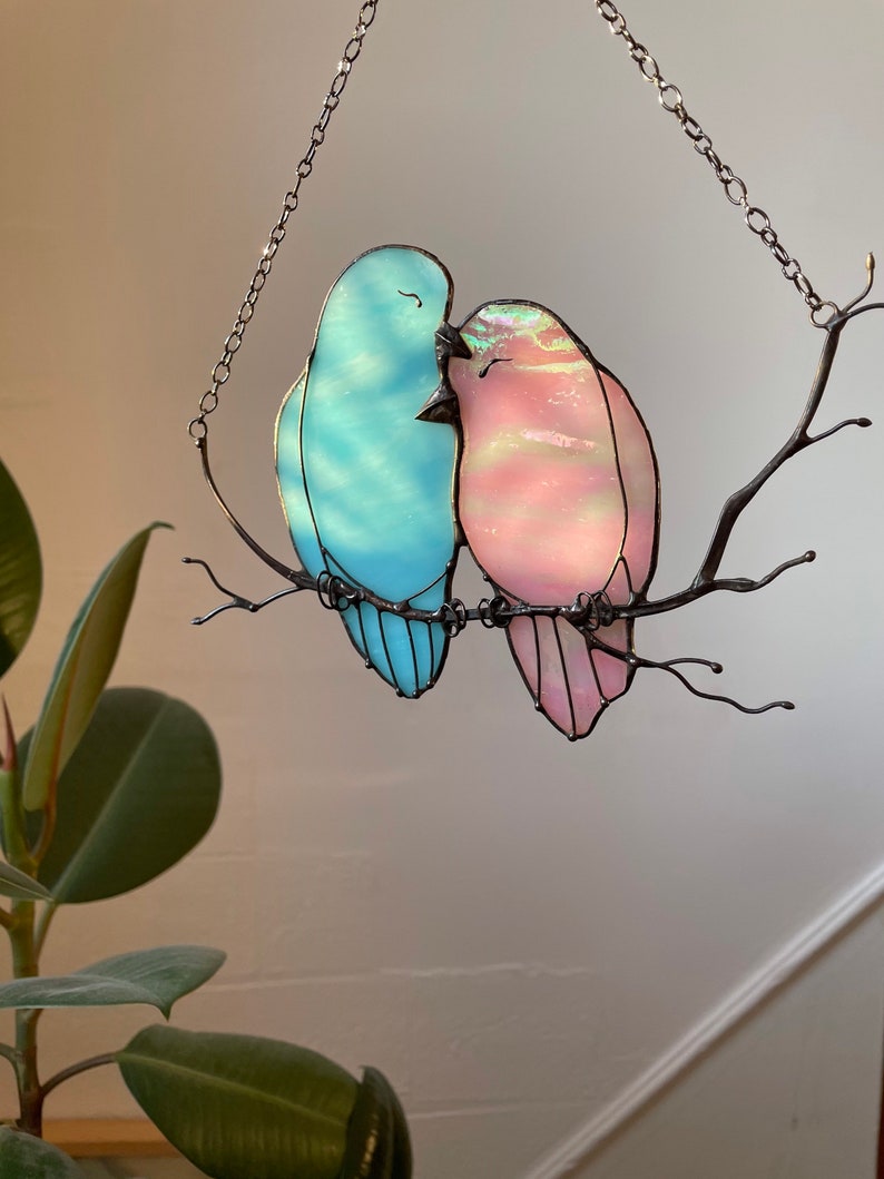 Decor Pink Blue Lover Bird Nature Ornament Spring Stained Glass House Suncatcher Home wall window Hangings Art Cling Pendant Valentines gift