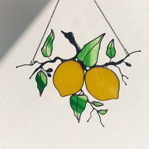 Yellow Suncatcher Sprig lemons Stain Glass Picture Home House Decor Panel Ornament Window Wall Hanging Light Cling Pendant Leaf