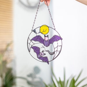 Gothic Suncatcher Bat Moon Halloween Stain Glass Horror Picture Home Decor Purple Spooky Ornament Window Wall Hanging Dark Cling Witch gift