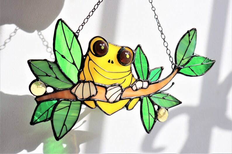 Suncatcher Frog. Yellow Nature Ornament Animal. Home House Pendant. Wall Window Hanging Stained Glass Art Decor. Housewarming gift