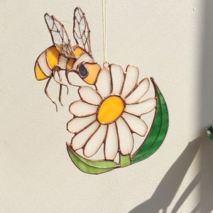 Chamomile Flower Sun catcher. White Stained glass Home Decor Panel Window Wall Hangings. Mothers day gift from daughter
