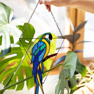Mother's day gift, Blue Parrot Suncatcher Bird. Home House Pendant. Wall Window Hangings Stained glass Art Decor grandma gift