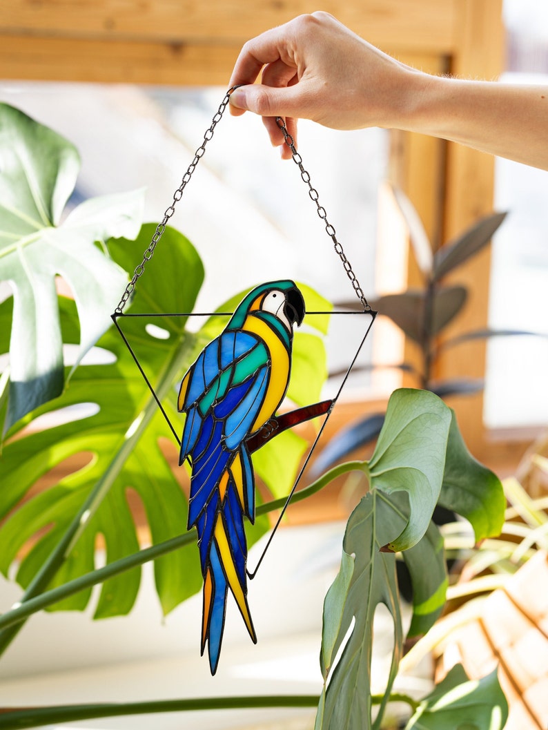 Mother's day gift, Blue Parrot Suncatcher Bird. Home House Pendant. Wall Window Hangings Stained glass Art Decor grandma gift