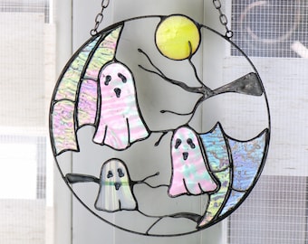 Gothic Suncatcher Ghosts Moon Stained Glass Horror Picture Home Decor Halloween Spooky Ornament Window Wall Hanging Creepy Cling Pendant